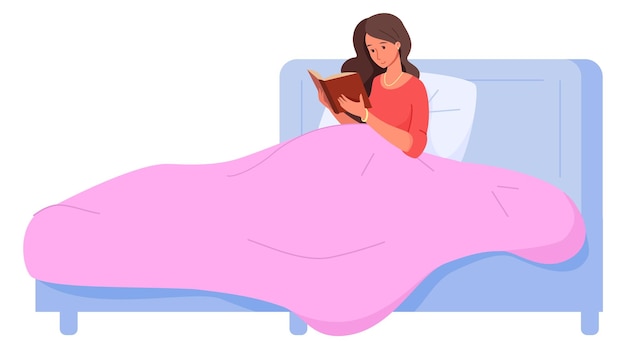 ベクトル 白い背景に隔離されたベッドで読書する女性就寝時間レジャーカラーイラスト