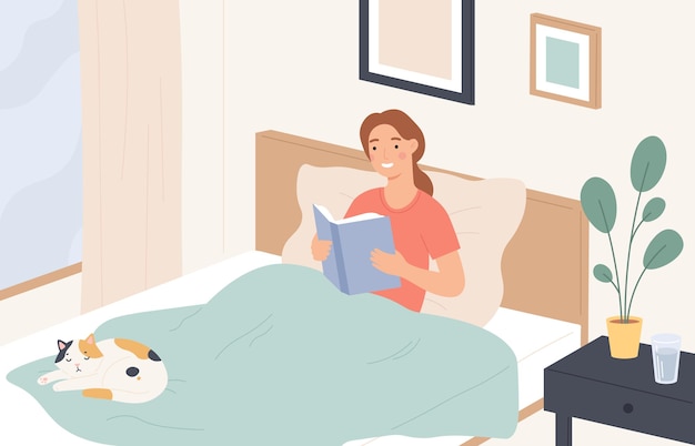 ベッドで読書をしている女性。若い女の子は本を読み、ソファでリラックスします。怠惰な家の休息、寝る前に文学を読む、フラットベクトルの概念。本と猫のイラストと快適なベッドで若い女の子