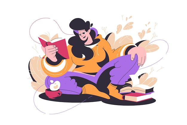 Woman reading interesting story book vector illustration