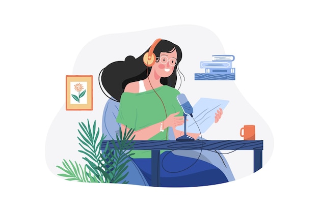 Vector woman reading podcast script illustration concept