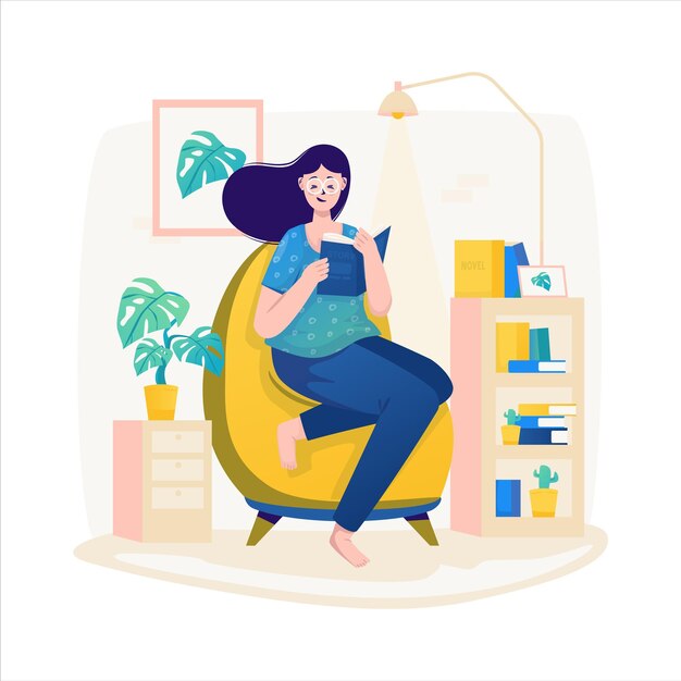 Vector a woman reading a story book flat illustration design