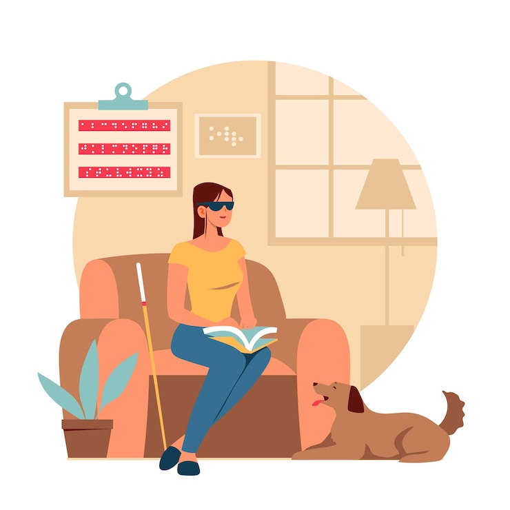 Vector woman reads a braille book
