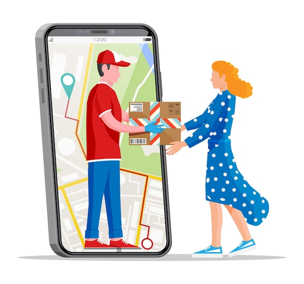 Vector woman receive cardboard box from man. courier in smartphone holds parcel in his hands. carton delivery packaging closed box with fragile signs. free and fast shipping. flat vector illustration