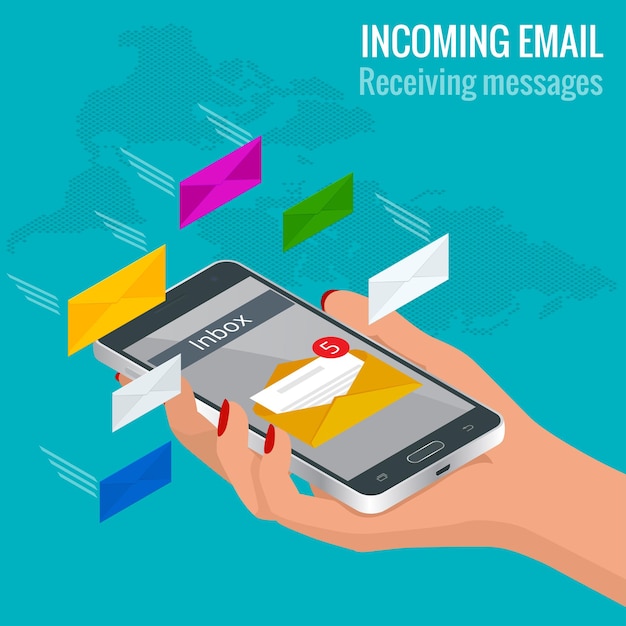 Woman received an e-mail online on a mobile phone. Message online Incoming email isometric vector concept. Receiving messages