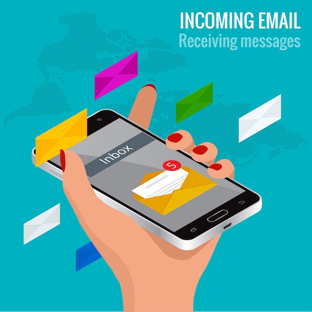 Woman received an e-mail online on a mobile phone. Message online Incoming email isometric vector concept. Receiving messages