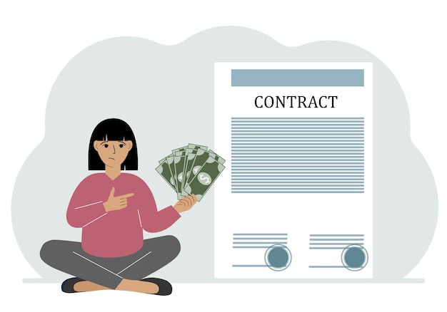 A woman receives money for a deal Next to it is a large contract with seals The concept of a financial agreement signing a contract or a deal