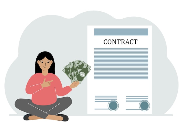 A woman receives money for a deal Next to it is a large contract with seals The concept of a financial agreement signing a contract or a deal