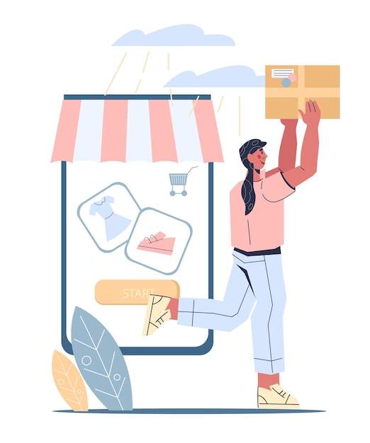 Женщина, получающая покупки в интернет-магазине, концепция доставки заказа в интернет-магазине с плоским вектором