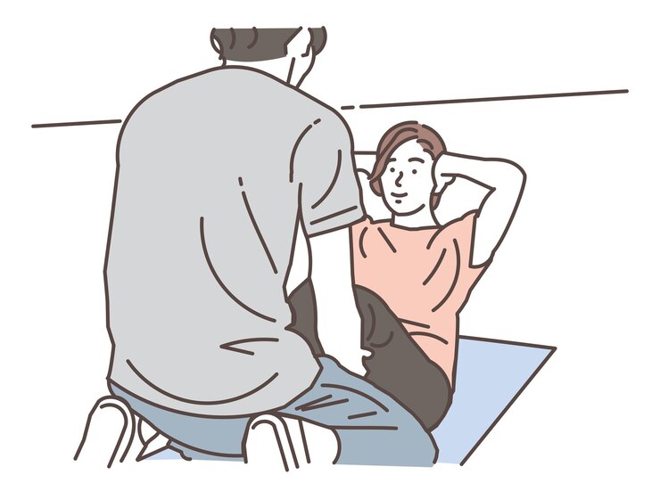 Vector 남성 트레이너로부터 복부 근육 훈련에 대한 개인 훈련 지침을 받는 여성