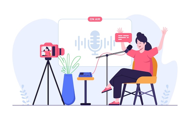 Vector woman recording podcast video using camera