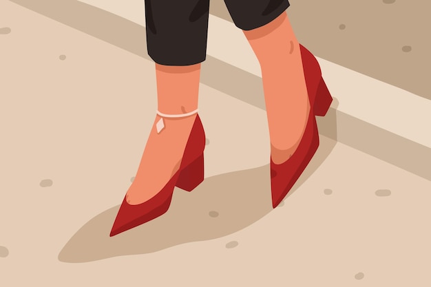 Vector woman red casual acute toe shoes with low square heel. female feet with leg bracelet in stylish elegant summer footwear. fashionable street style flat vector cartoon illustration.