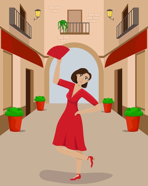 Vector a woman in a red dress in a dance pose on a narrow european street.