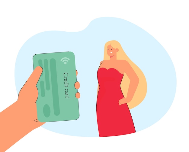 Woman in red dress and huge hand holding credit card