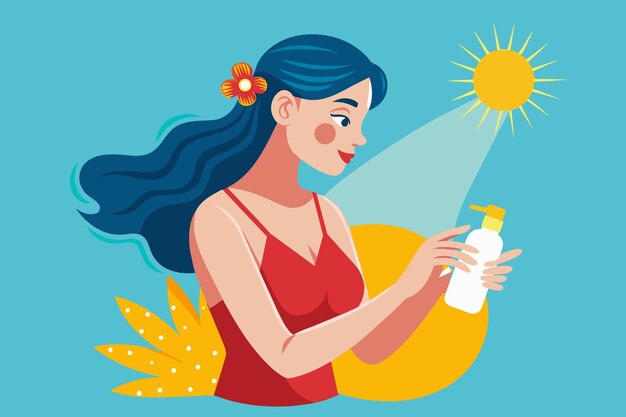 Vector a woman in a red dress is holding a bottle of sunscreen a woman wearing a red dress holds a bottle of sunscreen