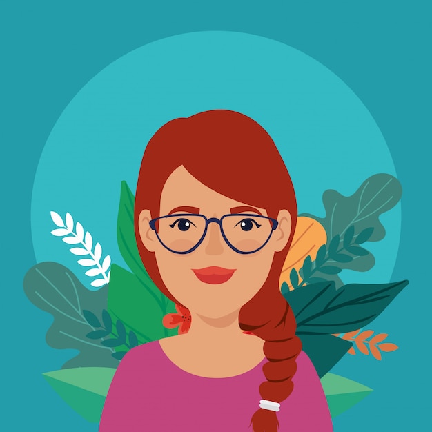 Woman red hair with eyeglasses and leafs tropicals