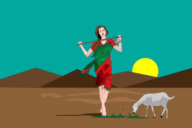 वेक्टर a woman in a red sari is walking with goat in the desert