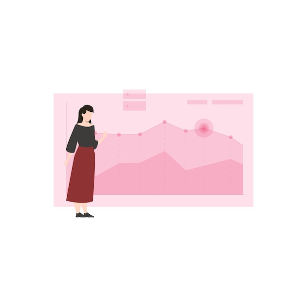 A woman in a red skirt stands in front of a pink screen that says'the chart is on it '