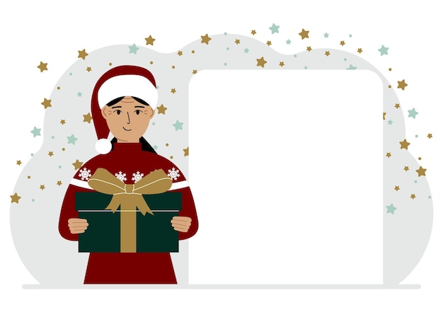 A woman in a red sweater is holding a large gift box with a bow New Year or Christmas Vector flat illustration