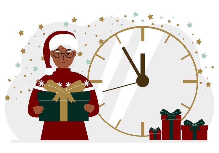 वेक्टर a woman in a red sweater and a red cap with a large gift box 5 minutes before christmas or new year vector flat illustration