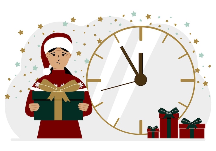 वेक्टर a woman in a red sweater and a red cap with a large gift box 5 minutes before christmas or new year vector flat illustration
