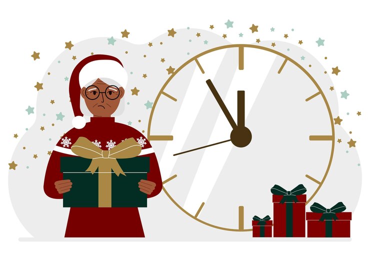 वेक्टर a woman in a red sweater and a red cap with a large gift box 5 minutes before christmas or new year vector flat illustration