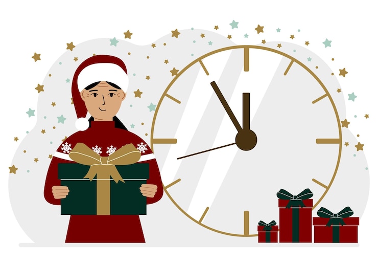 वेक्टर a woman in a red sweater and a red cap with a large gift box 5 minutes before christmas or new year vector flat illustration