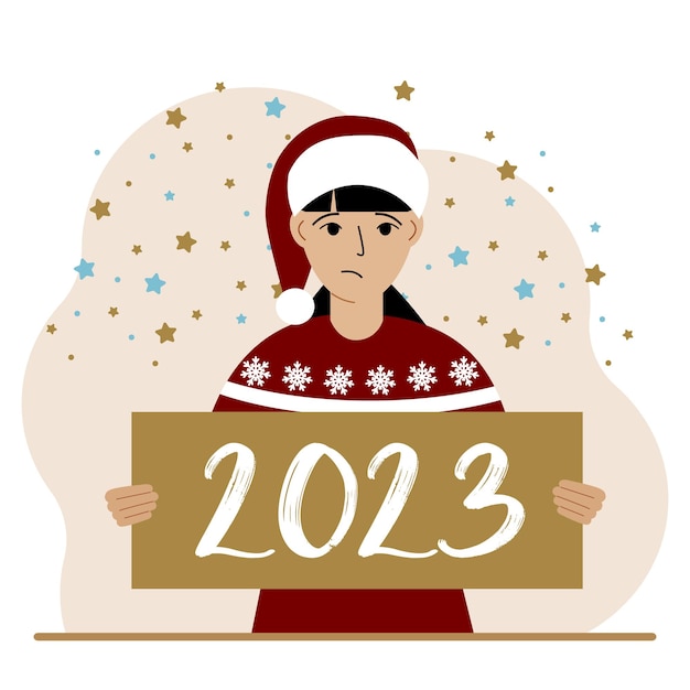 A woman in a red sweater and with a cap holds a sign or poster with the numbers 2023 Postcard or greeting Merry Christmas and Happy New Year