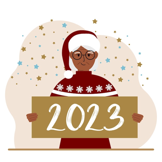 A woman in a red sweater and with a cap holds a sign or poster with the numbers 2023 Postcard or greeting Merry Christmas and Happy New Year