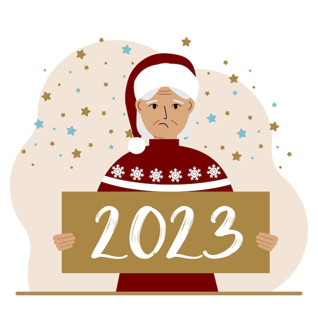 A woman in a red sweater and with a cap holds a sign or poster with the numbers 2023 Postcard or greeting Merry Christmas and Happy New Year