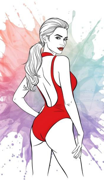 a woman in a red swimsuit looking over her shoulder She has long