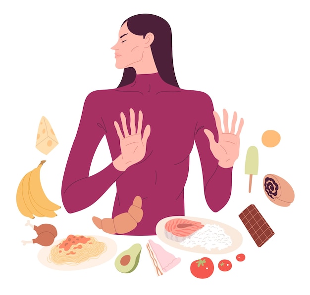 먹기를 거부하는 여성은 음식을 거부합니다 섭식 장애