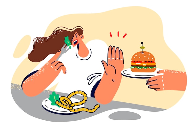 Vector woman refuses hamburger and eats healthy food wanting to get rid of excess weight