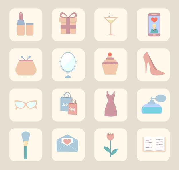 Woman relationship beauty fashion sale and shopping vector flat icons