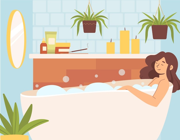 Vector woman relax in bathroom concept