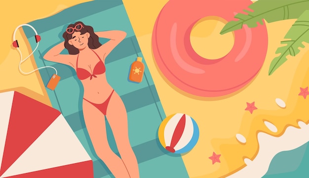 Woman relax on beach concept Young girl in pink swimuit sunbathing outdoor Tourism and travel Holiday and vacation Character rest at coastline Cartoon flat vector illustration