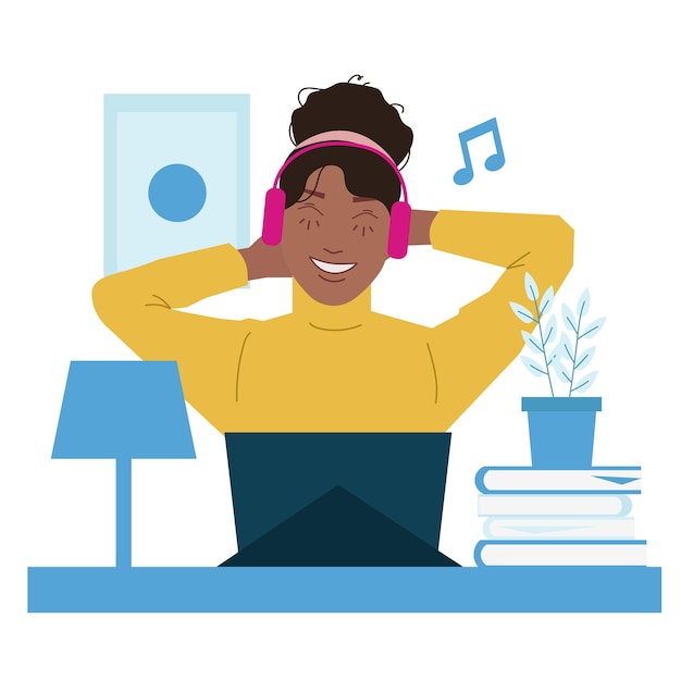 Woman relax listen to music at work in flat illustration