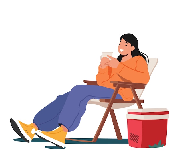 Вектор Женщина расслабиться на кушетке пить чай в кемпинге, изолированные на белом фоне уютная мирная сцена с женским персонажем