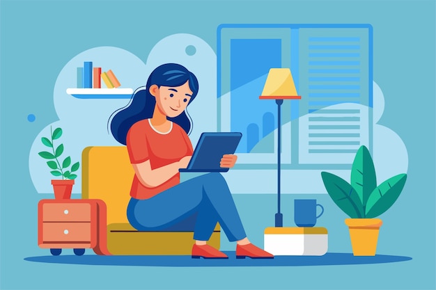 A woman relaxes in her living room eagerly waiting for her tablet to load content while seated on a couch Woman waiting for tablet to load flat illustration