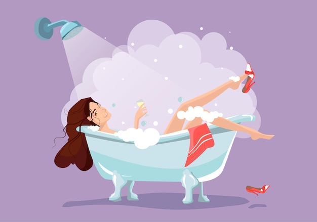 Vector woman relaxing in bathtub.