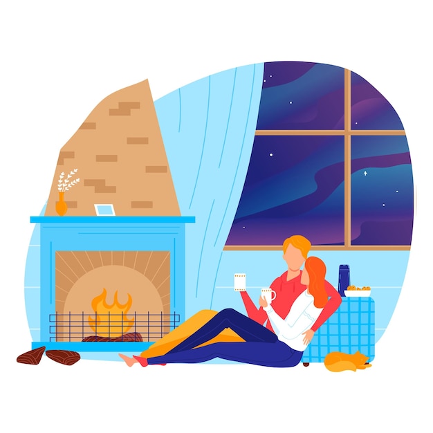 Vector woman relaxing by fireplace with cat cozy night drinking tea modern living room comfortable evening