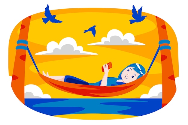 Vector woman relaxing in the hammock on tropical beach.