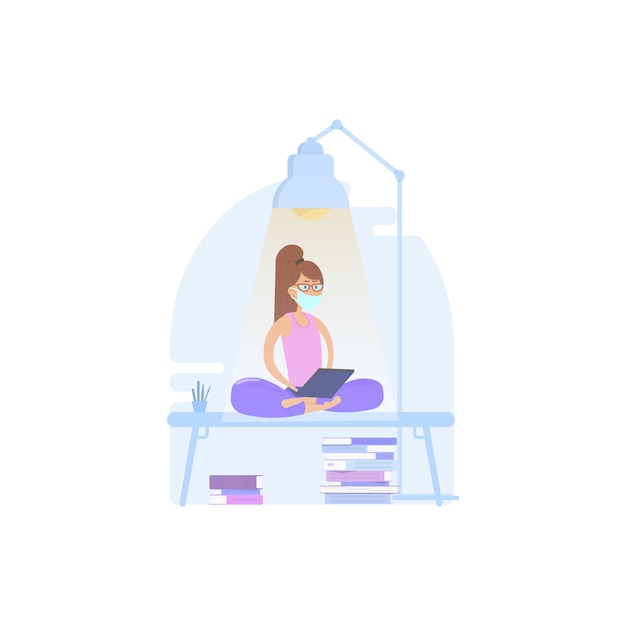 Woman relaxing in lotus position, working from home or office on quarantined masked tablets, as well as reading news about the economy or coronovirus ..