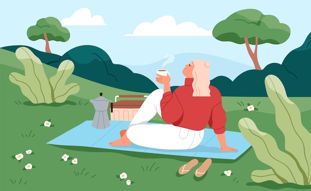 Vector woman relaxing in nature alone on summer holiday. happy girl at outdoor solo date, enjoying calm rest with tea in solitude. female character on picnic blanket on grass. flat vector illustration.