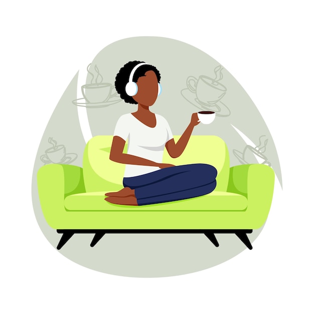 woman relaxing on sofa listening to music