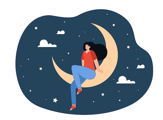 Donna che si rilassa con sogni tranquilli di notte. ragazza con capelli lunghi che si siede sulla luna crescente fra le stelle e le nuvole nell'illustrazione piana di vettore del cielo. buon sonno, amore e cura di sé, concetto di benessere