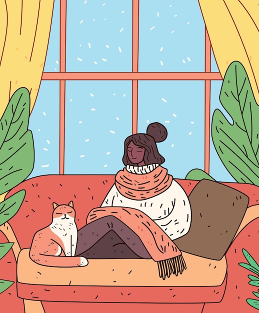 woman relaxing with cat cozy home scene warm colors indoor plants window sofa blanket peaceful