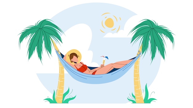 Vector woman relaxing with cocktail on hammock