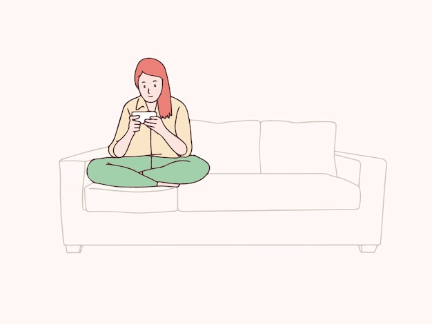 Woman relaxing with smartphone on sofa simple korean style illustration