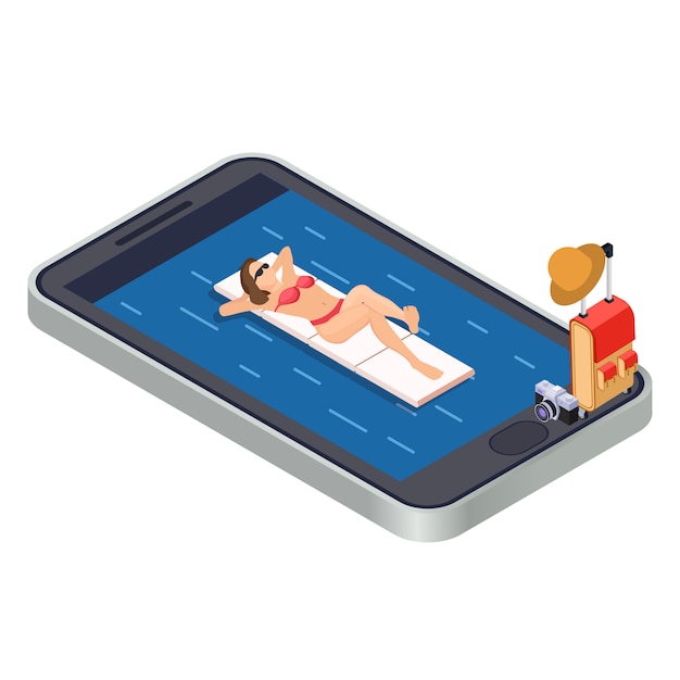 Woman relaxing with swimming mattress on sea - mobile app isometric travel concept