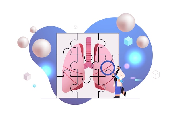 벡터 퍼즐 부품 의학 과학 의료에 해부학 심장 인체 내부 장기를 분석하는 여성 연구원
